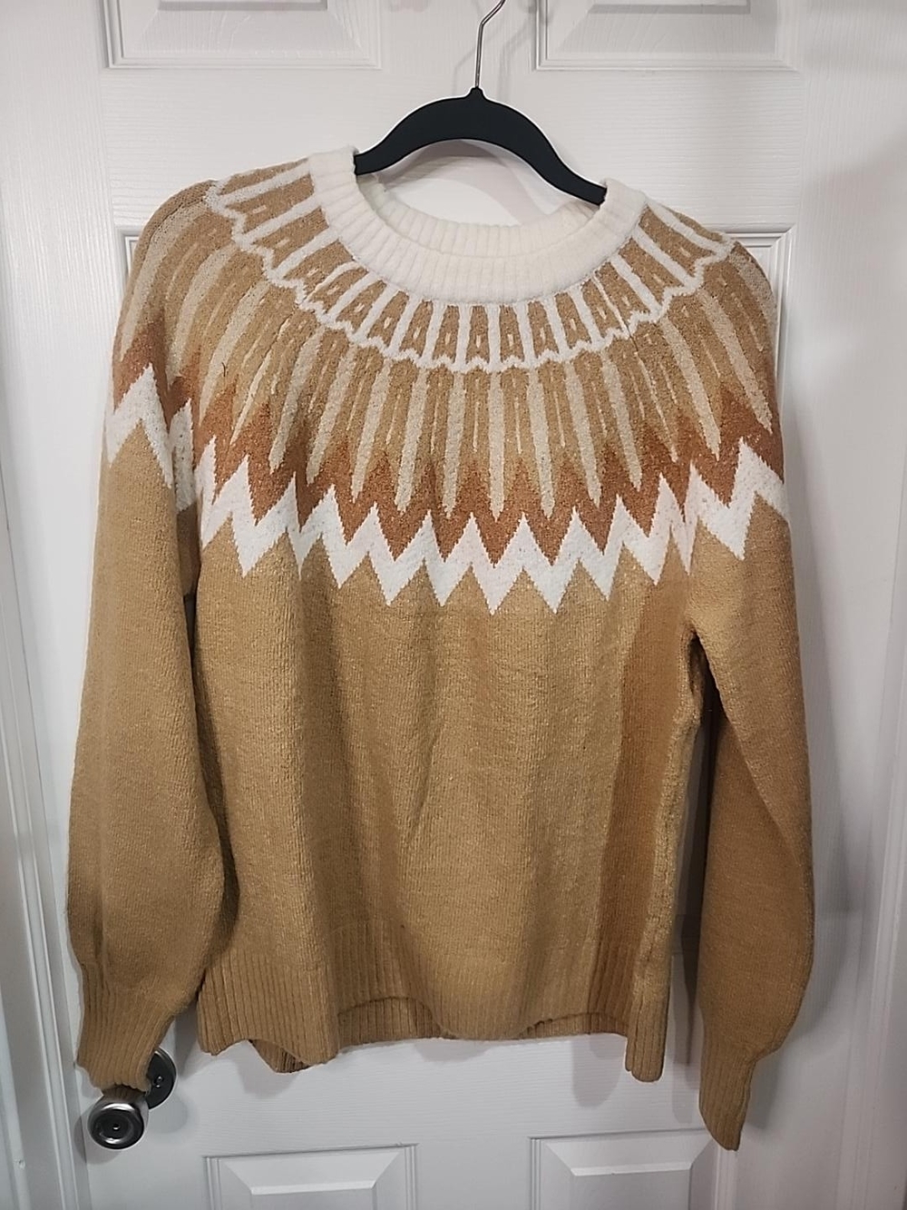 French Connection Essentials M Camel Cream Fair Isle Nordic Sweater Nwot